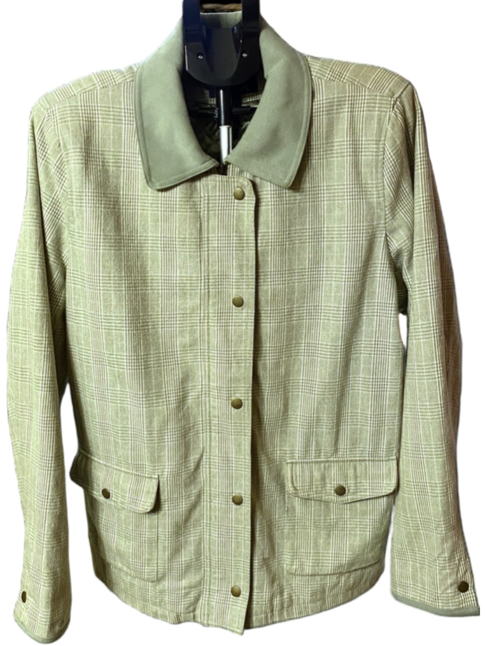 Denim & Co Womens L Plaid Barn Jacket Quilted Lined Sage Beige Pink